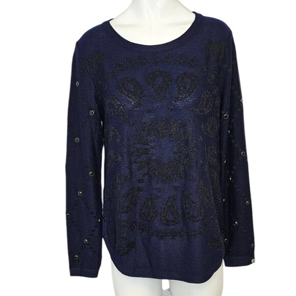 Desigual Womens Paisley Knit Embellished Long Sleeve Sweater, Blue, Black Size M - Picture 1 of 11